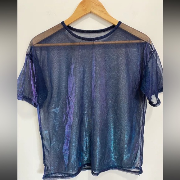 Holographic Mesh Shirt Metallic Shimmer See Through Shiny Top for Women Sz L - Picture 4 of 6